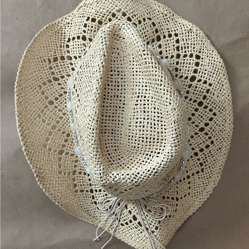 Natural Crochet Straw Sun Hat with Bead Trim